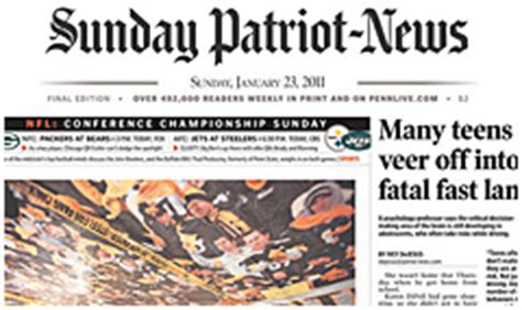 Harrisburg patriot news - Website. PennLIVE. The Patriot-News is the largest newspaper serving the Harrisburg, Pennsylvania, metropolitan area. In 2005, the newspaper was ranked in the top 100 in daily and Sunday circulation in the United States. It has been owned by Advance Publications since 1947. 